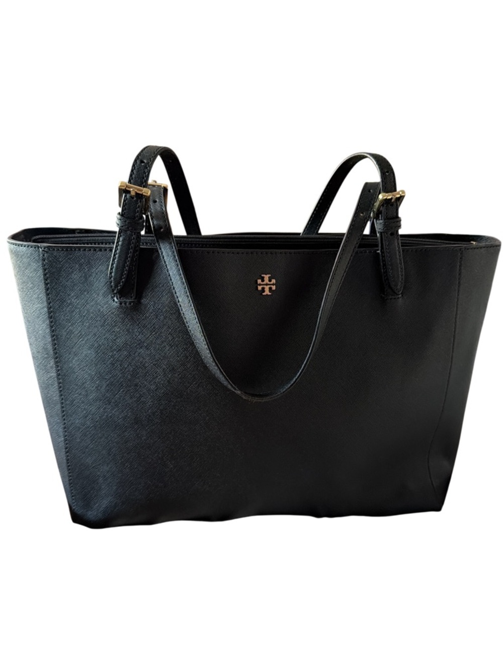Tory Burch Black Leather Double-Handle Tote with Gold Logo - Picture 2 of 12